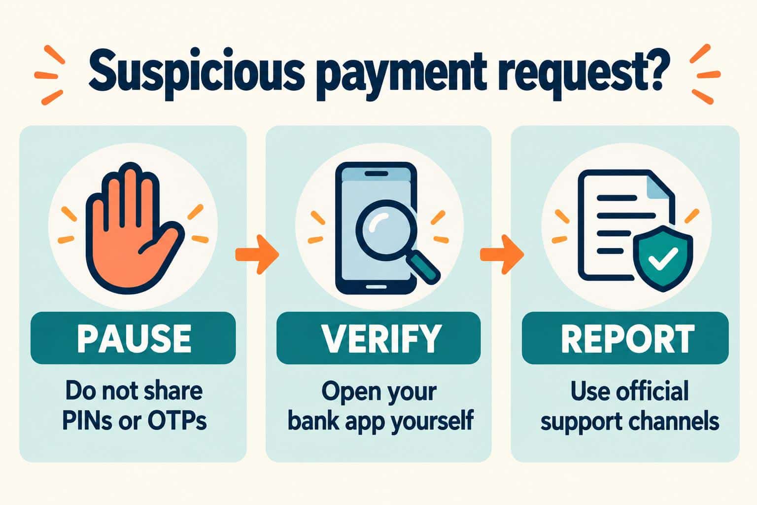 Pause, verify independently in your bank app, and report through official support.